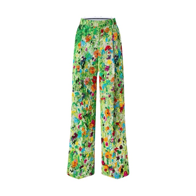 Pantalon brodé à plis et à fleurs